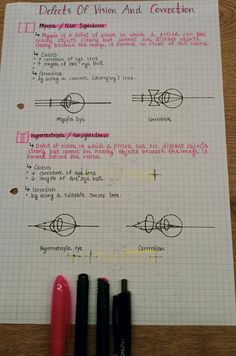 three pens are sitting on top of a piece of paper