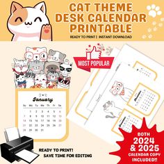 a calendar with cats on it and the text cat theme desk calendar printable