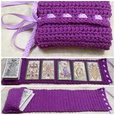 crocheted purple purse with cards attached to it