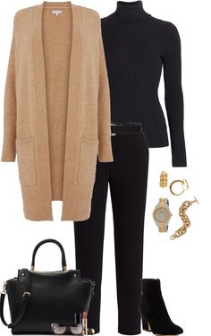 Womens Ascot Outfit, Monochrome Fall Outfits Women, Stylish Autumn Outfits For Women, Work Fall Outfits Women Professional, Black Cords Outfit, Fall Work Outfits With Boots, Women’s Work Outfits Winter, Printed Cardigan Outfit, How To Style Black Sweater