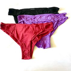 Three Pack Of Strappy Side Cut Out Panties. Colors Are Wine Red, Purple, And Black. Size Large, See Pictures For Measurements. Inv #8791 Purple Stretch Swimwear Brief, Purple Stretch Brief Swimwear, Purple Seamless Bottoms For Beachwear, Purple Seamless Beachwear Bottoms, Pink Boyshorts, Black Seamless, Lace Lingerie Set, Lace Thong, Bra Lingerie