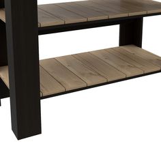 a wooden table with two shelves on each side and one shelf below it for storage