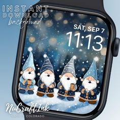 an image of three gnomes in the snow on a digital watch face for christmas