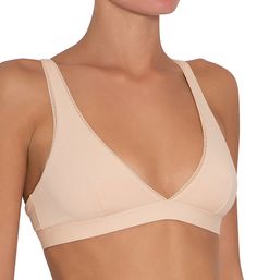 Long-staple cotton gives this soft bralette a perfectly relaxing feel, and the stretch lace trim gives it an especially pretty look. Made of Pima cotton and spandex. Wireless cups are a stretch Pima cotton blend, and are lined with same fabric for better support and coverage with vertical darts for shape. Deep V-shaped neckline works well with low-cut tops. Stretch lace at neckline edge keeps fit in place and adds a pretty touch. Covered elastic underband helps maintain fit and gives you light s Lady Godiva, Low Cut Top, Cotton Bralette, Comfy Bra, Sheer Bra, E Day, Sewing Tags, Keep Fit, Bra Cups