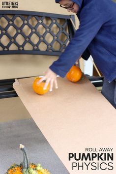 Pumpkin Rolling with Homemade Ramps for Kids Physics Stem Activities For Toddlers, Stem Kindergarten, Pumpkin Science Activities, Pumpkin Activities Preschool, Prek Science, October Preschool, Pumpkin Lessons, Thanksgiving Stem, Toddler Stem