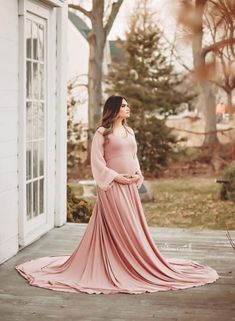 Modest Flowy Maternity Dress, Flowy Chiffon Maternity Dress For Wedding, Flowy Empire Waist Maternity Dress For Wedding, Chiffon Maxi Maternity Dress For Wedding, Elegant Maternity Flowy Gown, Fitted Chiffon Maternity Dress For Wedding, Flowy Floor-length Maxi Dress For Maternity, Pink Flowy Maternity Dress, Flowy Pink Maternity Dress