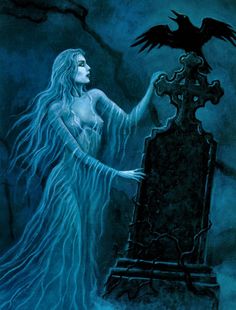 a painting of a woman holding a raven on top of a grave