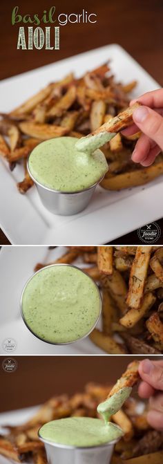 this is an image of french fries being dipped with avocado sauce for dipping