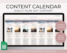 the google sheets instant digital calendar is displayed on a computer screen with text that reads,'content calendar easily plan out content '