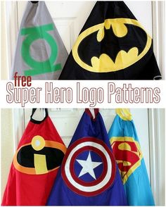 three superhero capes are hanging on the door