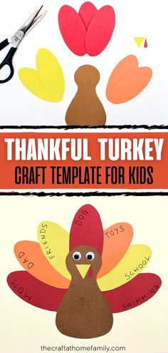 In-process and finished pictures of thankful turkey craft with the words "Thankful Turkey Craft Template for Kids" Thankful Turkey Craft Preschool, Thankful Turkeys Craft, Handmade Turkey Craft, Feather Letter Turkey, Canadian Thanksgiving Crafts For Kids, Making A Turkey Craft, Diy Thanksgiving Turkey Crafts, Preschool Crafts With Construction Paper, I’m Thankful For Craft