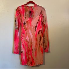 Fashion Nova Dress Long Sleeves, Orange, Brown, Pink, Size L, Mesh , New With Tag Nwt O Spring V-neck Mini Dress With Abstract Print, Fitted V-neck Mini Dress For Beach Cover-up, Pink Stretch Sheer Dress, Pink Sheer Stretch Dress, Printed Bodycon Dress For The Beach, Printed Bodycon Beach Dress, Red Long Sleeve Dress For Beach Cover-up, Beach Bodycon Printed Dresses, Sheer Long Sleeve Mini Dress For Summer