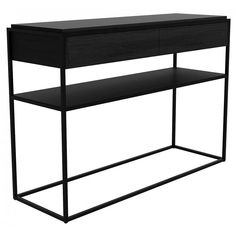 a black desk with two drawers on one side and an open shelf underneath the other