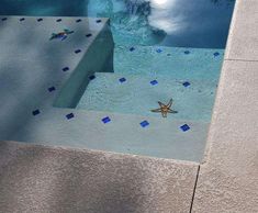 a pool with blue and white tiles on the floor next to a starfish swimming in it