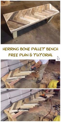 the instructions for how to build a wooden pallet bench with free plan is shown