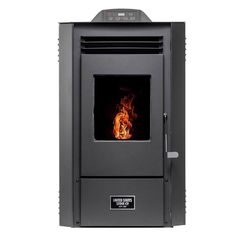 a black stove with flames in it on a white background and the door is open