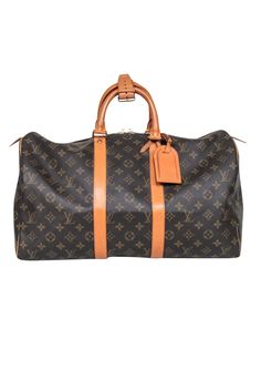 Travel in style with the Louis Vuitton Keepall 45. Featuring a classic brown monogram print and vachetta leather trim, handles, and luggage tag, this bag is the perfect blend of luxury and functionality. And it doesn't hurt to show off a little on your travels. Made in USA Coated canvas Vachetta Leather trims, handles, and luggage tag Double top zipper Attached lock without key Date code: SD0929 Minor watermarks Height 12" Width 18" Depth 8" Handle drop 4" Rectangular Brown Luggage For Shopping, Luxury Pre-owned Brown Bag, Luxury Rectangular Luggage With Handles, Pre-owned Monogram Canvas Business Bag, Designer Brown Bag For Trips, Designer Brown Bags For Business Trips, Classic Monogram Canvas Travel Bag For Business, Classic Brown Signature Coated Canvas Bag, Luxury Leather Luggage With Handles