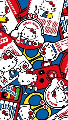 a bunch of hello kitty stickers on top of each other in red, white and blue