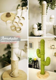 four different pictures of various items made out of toilet rolls and pipe holders, including a cactus