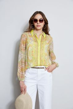 Express yourself in our Mosaic Tile Print Shirt. Designed in Silk Crinkle Chiffon, its sophisticated and playful mix of color and design can be dressed up or down with jeans. Bold and chic, this shirt has the wow factor. It comes with a separate layering cami. Elie Tahari Exclusive Mosaic Tile Print Silk Crinkle Chiffon Button Down Shirt 100% Silk Crinkle Chiffon Runs true to size. Model is 5'9" and wearing size S Length From Shoulder to Hem: Back 26.75"L, Sleeve 33.12"L (approx. length for size Layering Cami, Tile Print, Elie Tahari, Wide Leg Denim, Wow Products, Silk Printing, Stretch Denim, Mosaic Tiles, Button Downs