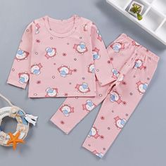 2-piece Pajamas Sets for Girl - PrettyKid Cute Cotton Sets For Home, Cute Long Sleeve Home Sets, Pink Cotton Sleepwear With Cartoon Print, Pink Cotton Kawaii Sets, Pink Long Sleeve Bedtime Set, Family Matching Pink Sleepwear, Pink Family Matching Sleepwear, Long Sleeve Cartoon Print Pajama Sets, Kawaii Cotton Pajama Party Sets