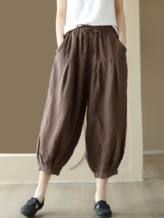 Plus Size Women Summer Solid Pocket Pleat Drawstring Harem Pants Baggy Tapered Leg Pants With Drawstring, Loosely Fitted Ankle-length Harem Pants With Drawstring, Brown Cotton Drawstring Pants, Brown Cotton Pants With Drawstring, Relaxed Fit Brown Drawstring Pants, Brown Relaxed Fit Pants With Drawstring, Relaxed Fit Brown Pants With Drawstring, Brown Relax Fit Pants With Drawstring, Brown Drawstring Bottoms For Loungewear