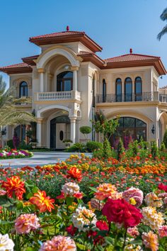 a large house with lots of flowers in front of it