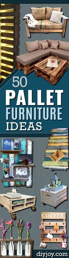 the cover of 50 pallet furniture ideas by andyy com, with pictures of couches and tables