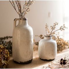 two white vases sitting on top of a table next to dried flowers and plants