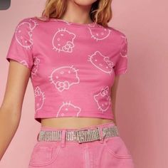 All Over Hello Kitty Print Crop Top 100% Polyester Light Pink Hello Kitty, Hello Kitty Crop Top, Baby Pink Crop Top, Yellow Tube Top, Hello Kitty Print, Hello Kitty Baby, Lace Up Tank Top, Cropped Tee Shirt, Velour Tops