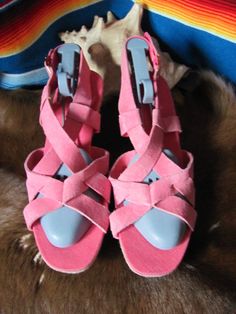 Casual Pink Sandals With Stacked Heel, Pink Leather Open Toe Wedge Sandals, Pink Suede Heels With Round Toe, Pink Leather Wedge Heels, Pink Suede Closed Toe Sandals, Pink Leather Wedge Sandals, Pink Leather Wedge Heel Sandals, Casual Pink Sandals Medium Width, Pink Suede Sandals For Spring