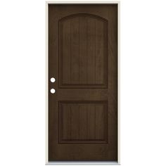 a brown door with two white circles on the front and side paneling, against a white background