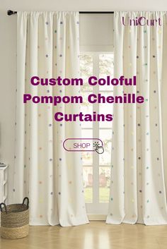 curtains with colorful polka dots on them and the words, custom coofful pompm