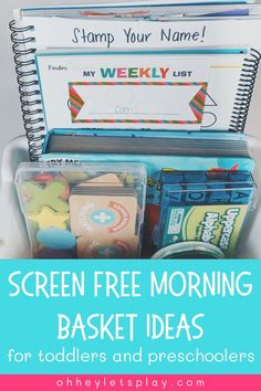 If you’re ready to break the “can I watch something” cycle with your toddler or preschooler, these screen free morning bin ideas are for you. You’ll find morning bin activities to help you start your day in peace without tv, tablets, or iPads. These hands on learning activities will help extend quiet time, keep your children engaged, and allow for more independence and creative play at home. You can use these ideas for morning baskets, quiet time bins, or even in the car. Quiet Time Bins, Hands On Learning Activities, Morning Baskets, Morning Bins, Outdoor Activities For Toddlers, Art Activities For Toddlers