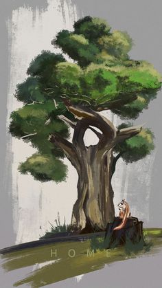 a painting of a person sitting under a tree