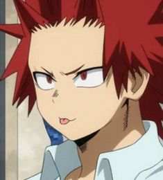 an anime character with red hair and white shirt looking at something in front of him