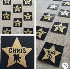 there are several different pictures of the star on the carpet with words written in gold and black