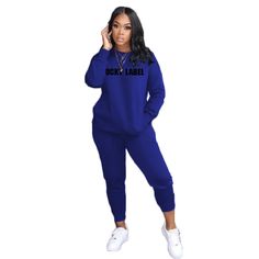 Letter Print Pullover T Shirt Sports Pants Tracksuit Sporty Solid Color Leisure Sets, Sporty Tracksuit For Leisure, Sporty Leisure Sets, Relaxed Fit Crew Neck Joggers For Leisure, Blue Casual Activewear With Letter Print, Crew Neck Sweatshirt For Jogging, Cotton Crew Neck Tracksuit For Jogging, Athleisure Crew Neck Sweatshirt For Jogging, Relaxed Fit Athleisure Tracksuit With Letter Print