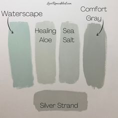 four different shades of gray paint on a white wall with the words waterscape, sea salt, and silver strand