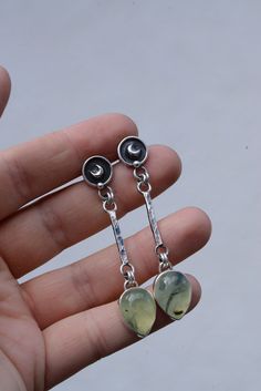 Handmade sterling silver earrings with beautiful green prehnite stones and crescent moons. The earrings are 6.8 cm long. The ring is 100% sterling silver. If you have questions please send me a message! - Handmade Prehnite earrings made of sterling silver 925. The earrings have a total length of 6.9 cm. I used 925 silver for the production. Medieval Earrings, Nordic Jewelry, Silversmith Jewellery, Elven Jewelry, Estilo Hippy, Goth Clothing, Witch Fashion, Witch Magic, Witchy Jewelry