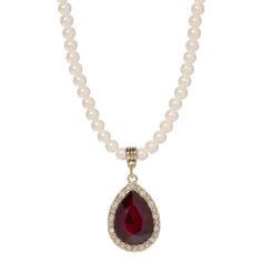 Faux Pearl Strand Red Glass Teardrop Crystal Pendant Necklace 15 + 3 Extender