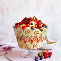 a bowl filled with fruit on top of a table