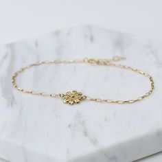 "14K Gold Flower Bracelet - 14K Gold Bracelet - Gold Dainty Chain Bracelet This bracelet can be worn by itself or with other bracelets. ★ The chain and all components are 14K solid yellow gold It comes with a 1/2\" extension chain. (If you order a 6\" bracelet, it will be a 6\" bracelet plus 1/2\" extension.) ★ 14K gold petite flower charm is about 9mm x 9mm. Please read our policies before you place your order. https://www.etsy.com/shop/SashJewelry/policy?ref=shopinfo_policies_leftnav To see ot Gold Flower Bracelet, Mother Daughter Necklace, American Doll Clothes, Dainty Bracelet, Daughter Necklace, Dainty Chain, Gold Flower, Flower Bracelet, American Doll