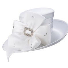 Giovanna Deluxe Church Hat Style: HG1103 Color shown: White Elegant bow adorned hat featuring stone embellishment Crown Circumference: 23" Wedding Hats With Bow And Short Brim, Formal Wide Brim Hat With Ribbon, Formal Hat With Ribbon And Curved Brim, Formal Hat With Adjustable Bow, Formal Fitted Hats With Ribbon, Formal Hats With Bow And Adjustable Fit, Formal Adjustable Hat With Bow, Elegant Church Hat With Ribbon, Classic Short Brim Hat With Bow