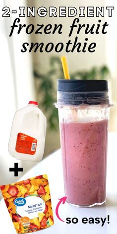 two ingredient frozen fruit smoothie recipe in a mason jar with ingredients to make it