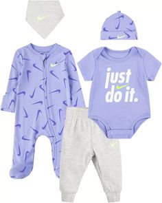 NIKE BABY 5 pc GIFT Set Bodysuits Rompers Bib Hat Unisex Grey Purple   Quoted from manufacturer's site:   The Nike 5-Piece Set includes a short sleeve bodysuit, footed coverall, pants, beanie and bib, all made of soft knit fabric, for multiple comfy styling options. This Kids fit is designed for all athletes, no matter what shape, size or style. A fit for every body-because kids should feel confident expressing themselves. Benefits Bodysuit has lapped shoulders and snap closures at crotch for ea Purple Quotes, Baby 5, Nike Baby, Baby #5, Baby Animals Funny, Short Sleeve Bodysuit, Baby & Toddler Clothing, Baby Size, Comfy Fits