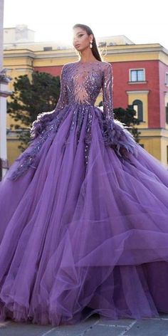 Luxury Purple Ball Gown Long Sleeve Feathers Lace Appliques Beaded Prom Dress Evening Dress sold by Wedding store. Shop more products from Wedding store on Storenvy, the home of independent small businesses all over the world. Lilac Wedding Colors, Purple Ball Gown, Lavender Gown, Purple Wedding Dress, Robes D'occasion, Purple Gowns, Gaun Fashion, Fashion Gowns, Wedding Dress Pictures