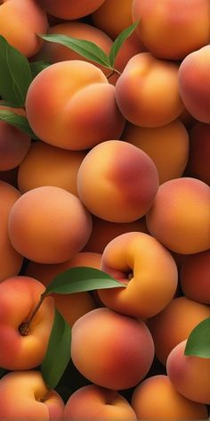 a pile of peaches with leaves on them