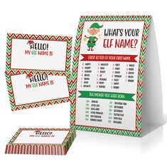 a christmas elf's elf party game is shown with its name and address cards