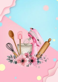 a painting of utensils and mixers on a pink background